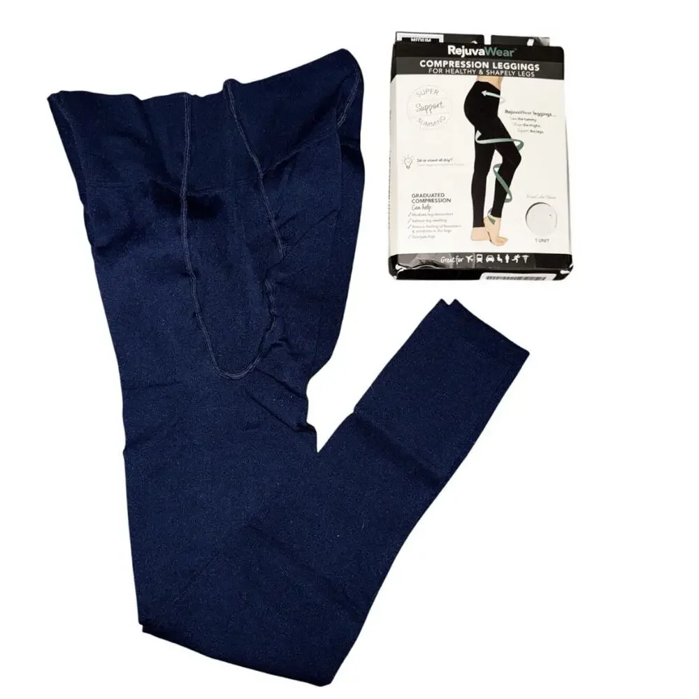 RejuvaWear Footless Compression Support Leggings Sz Medium 15-20mmHg Indigo Blue